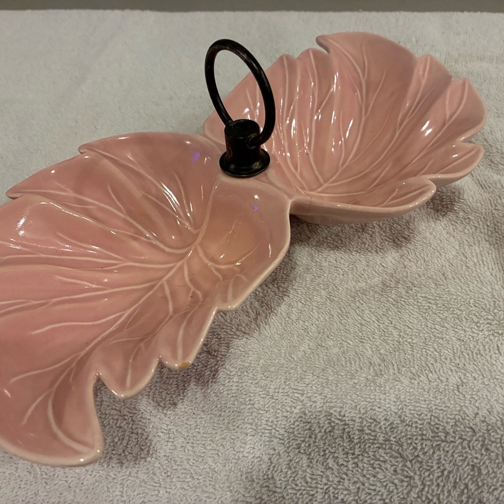 1950’s USA made Pottery Pink Double Leaf-Shaped Serving Dish w handle
